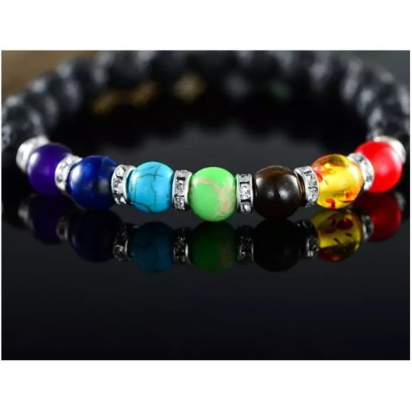 10mm Black Lava Rock 7 Charkra Stone Bead Stretch Bracelet - Picture 3 of 4